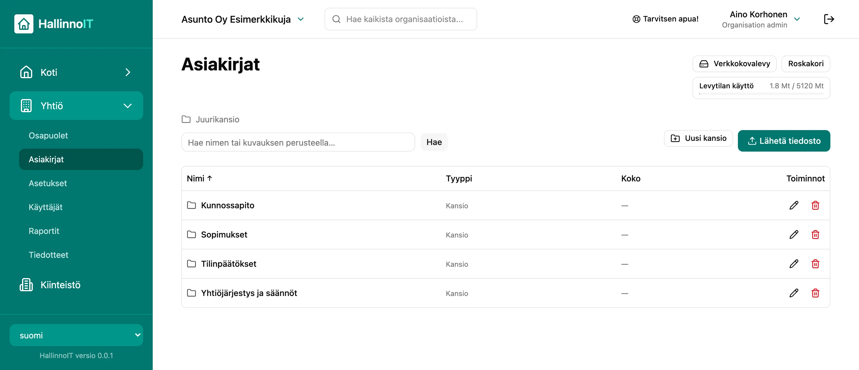 Asiakirjat-näkymä: kansiot kunnossapidolle, sopimuksille, tilinpäätöksille ja yhtiöjärjestykselle