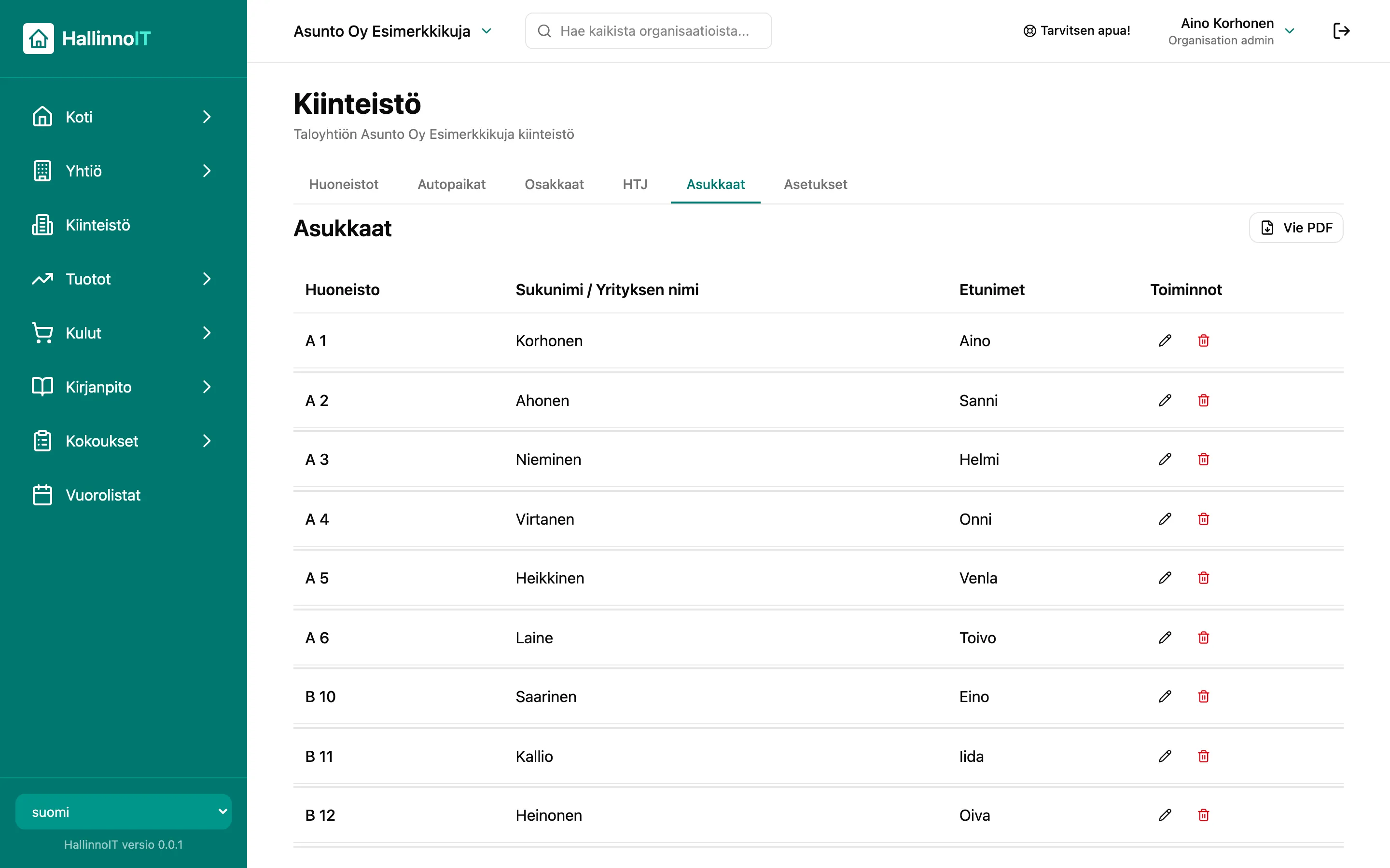Asukkaat-näkymä: huoneistot ja niissä asuvien nimet