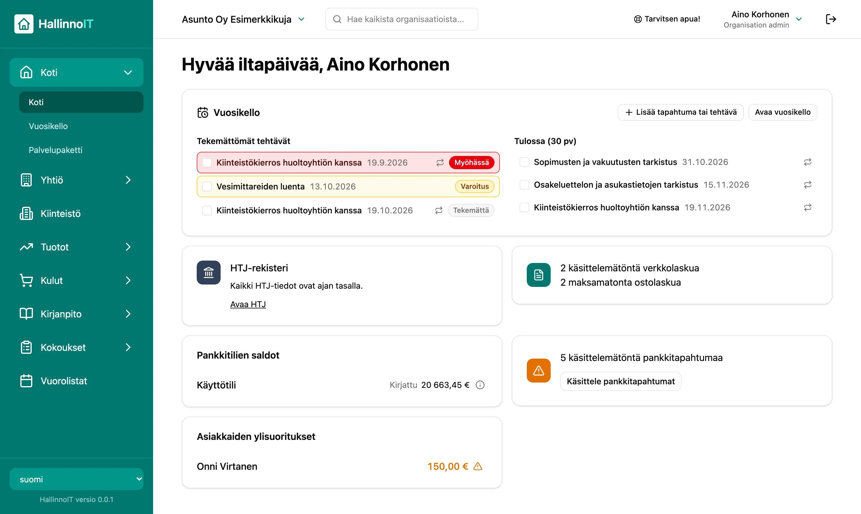 HallinnoIT-sovelluksen osakeryhmät-näkymä: taloyhtiön osakeryhmät, osakkeet, osakkaat ja huoneistot