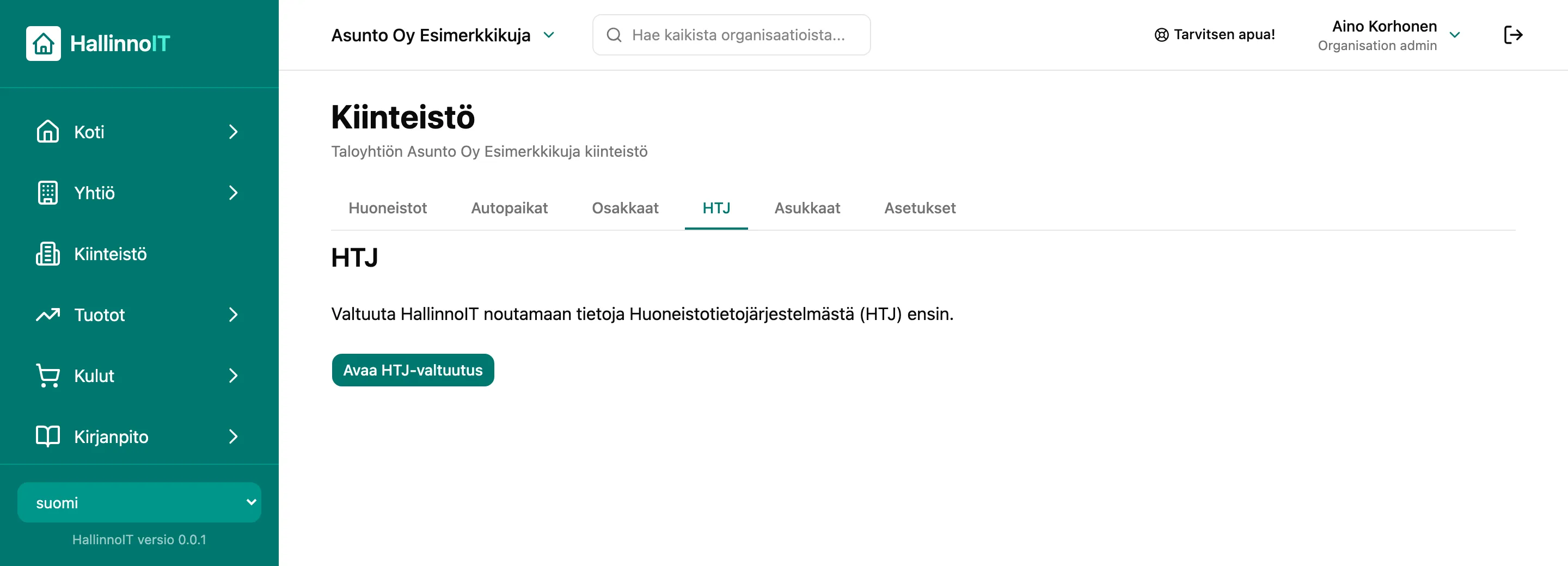 HTJ-välilehti, jossa valtuutetaan HallinnoIT hakemaan tiedot huoneistotietojärjestelmästä