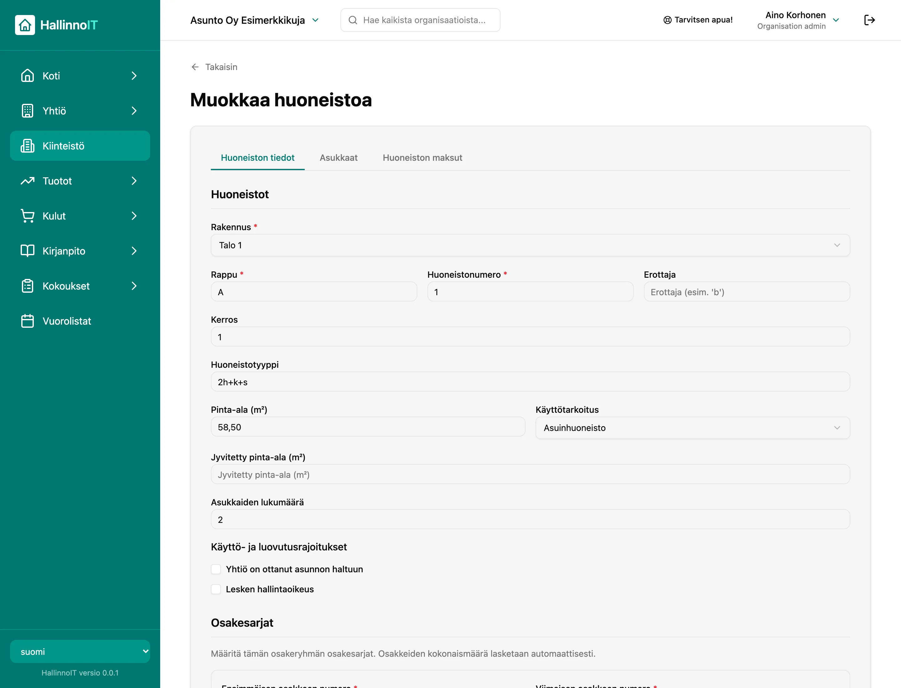 Huoneiston muokkausnäkymä: rakennus, porras, huoneiston numero, pinta-alat ja huoneistotiedot sekä välilehdet asukkaille ja maksuille