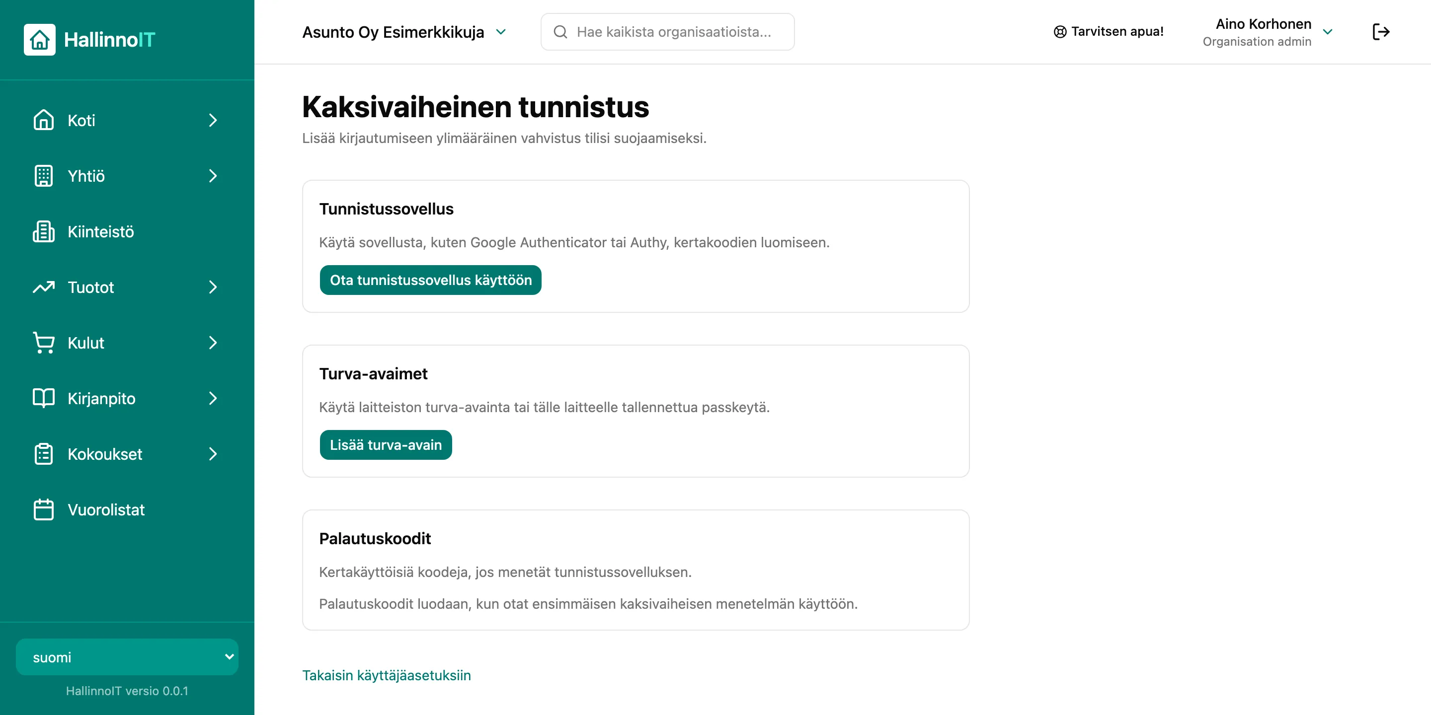 Kaksivaiheinen tunnistus -asetukset: tunnistussovellus, turva-avaimet ja palautuskoodit