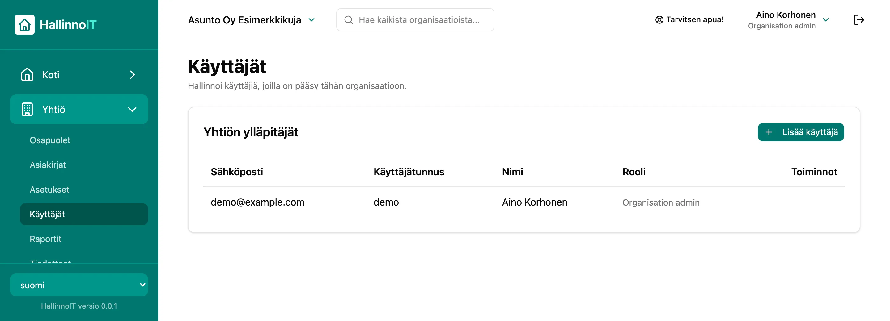 Käyttäjät-näkymä: yhtiön ylläpitäjät sähköposteineen ja rooleineen