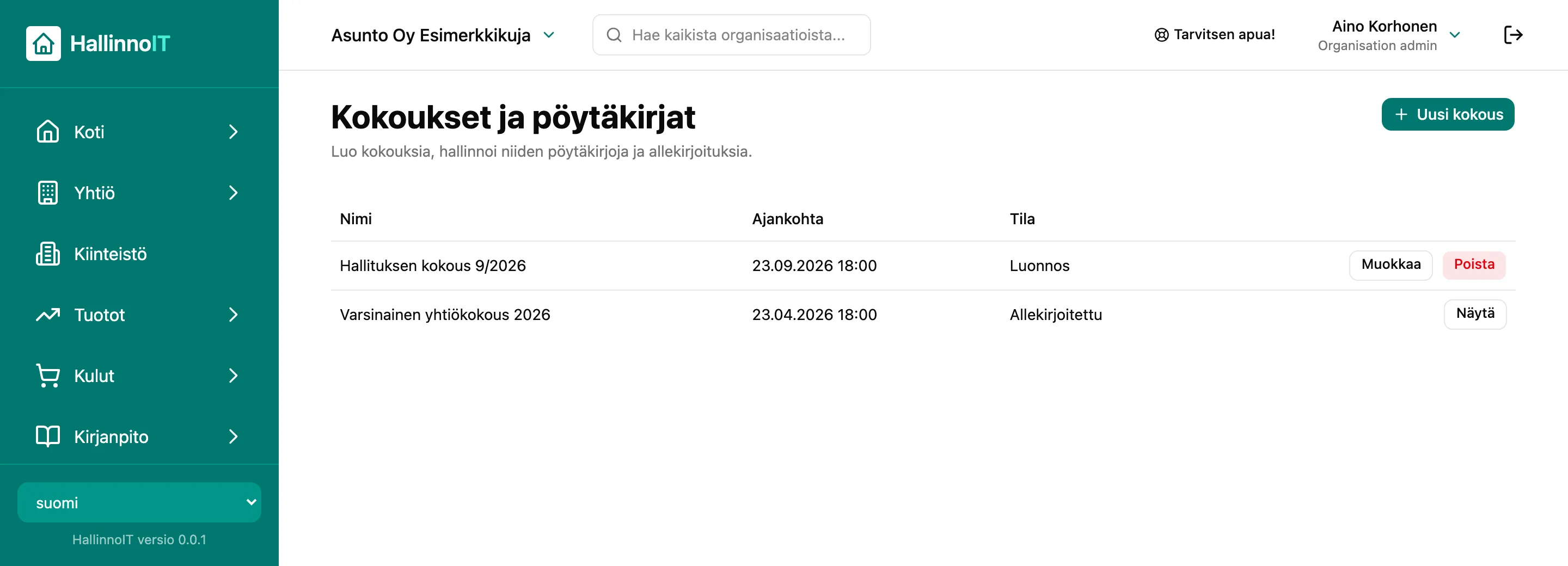 Kokoukset ja pöytäkirjat -luettelo: kokousten ajankohdat ja tilat luonnoksesta allekirjoitettuun
