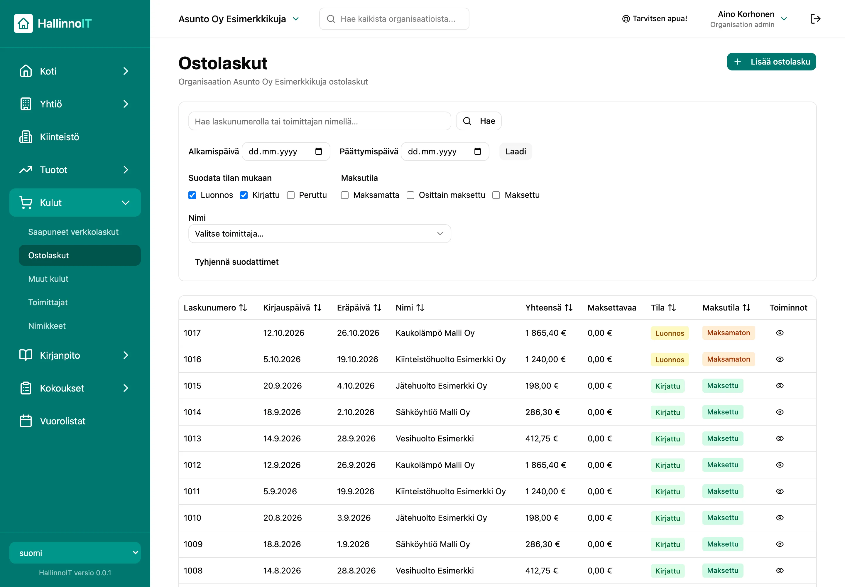 Ostolaskut-näkymä: laskun numero, kirjauspäivä, eräpäivä, toimittaja, summa sekä tila ja maksutila