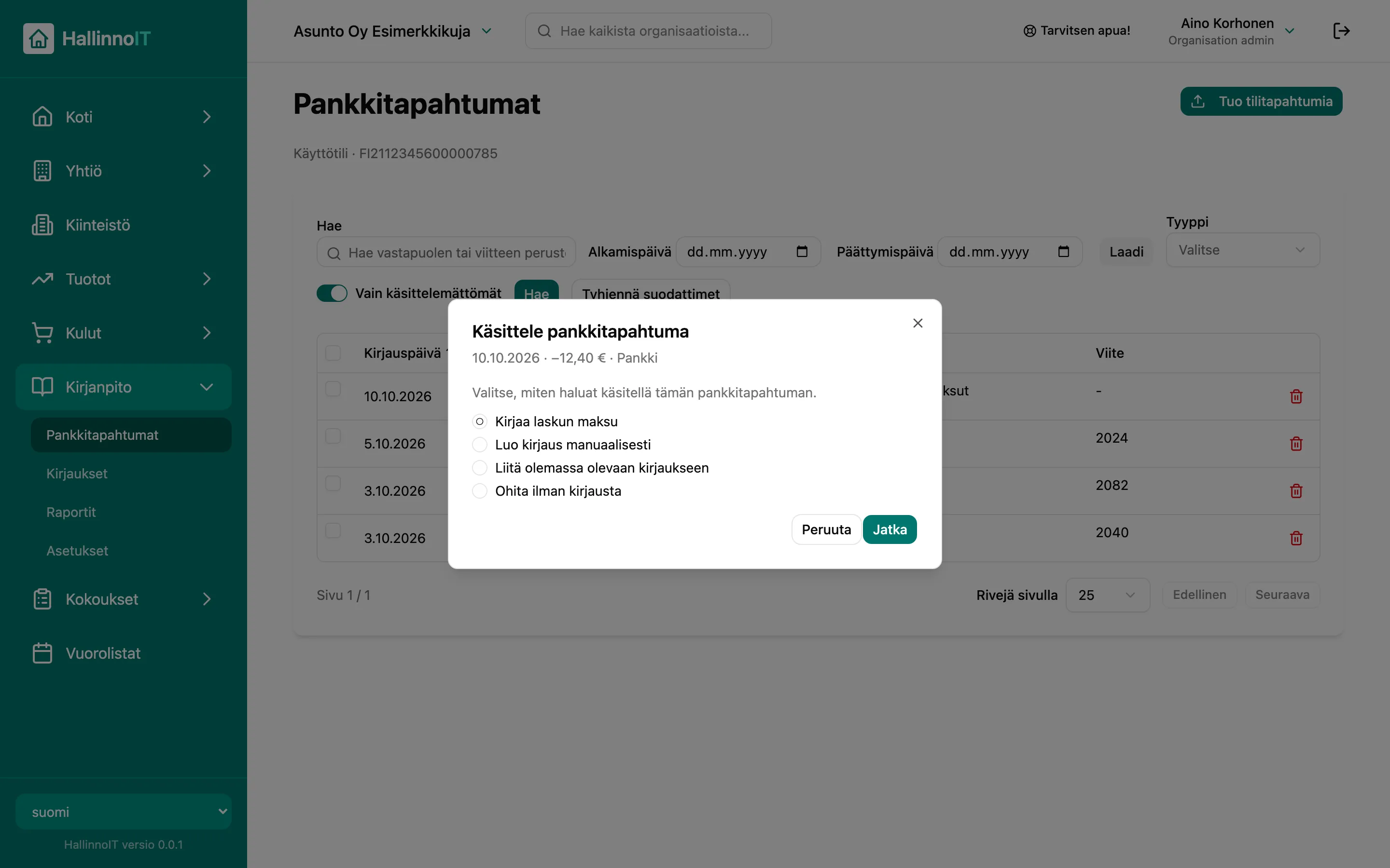 Käsittele pankkitapahtuma -valintaikkuna: kirjaa laskun maksu, luo kirjaus, liitä kirjaukseen tai ohita