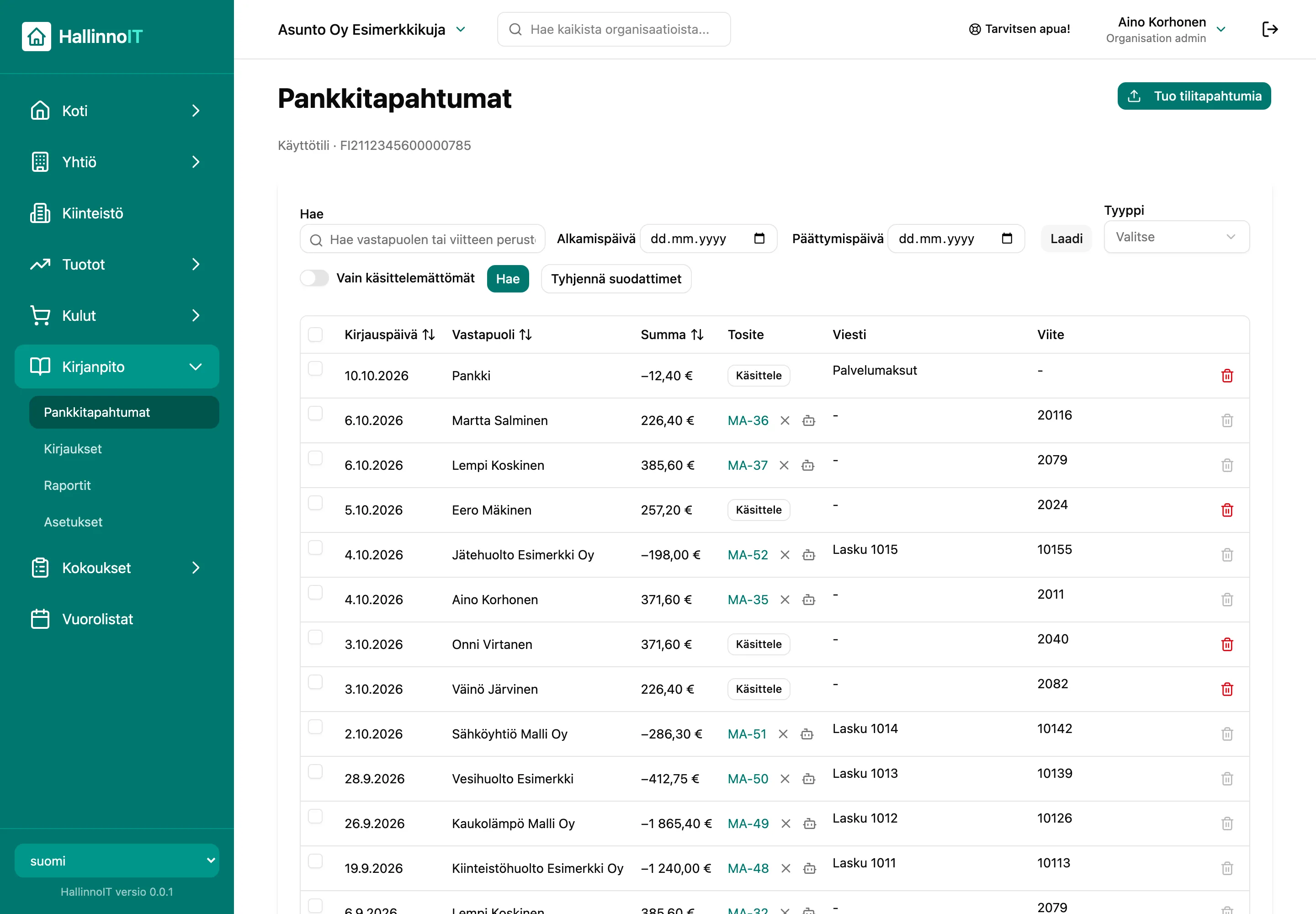 Pankkitapahtumat-näkymä: tilitapahtumat vastapuolineen, summat, tositteet ja viitteet
