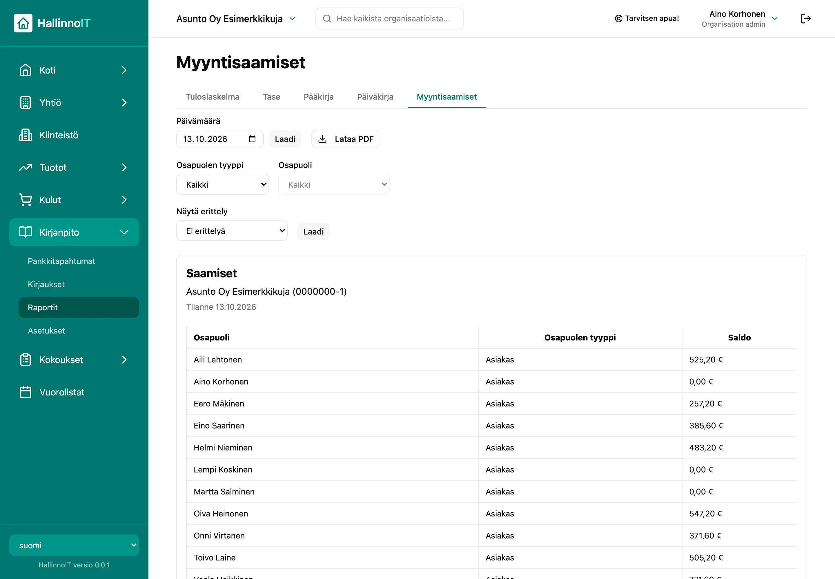Saamisraportti: osakkaiden avoimet saldot raportin päivänä