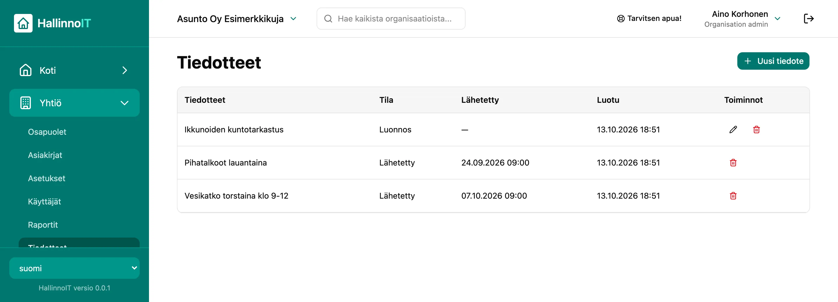 Tiedotteet-luettelo: tiedotteiden otsikot, tilat ja lähetysajat