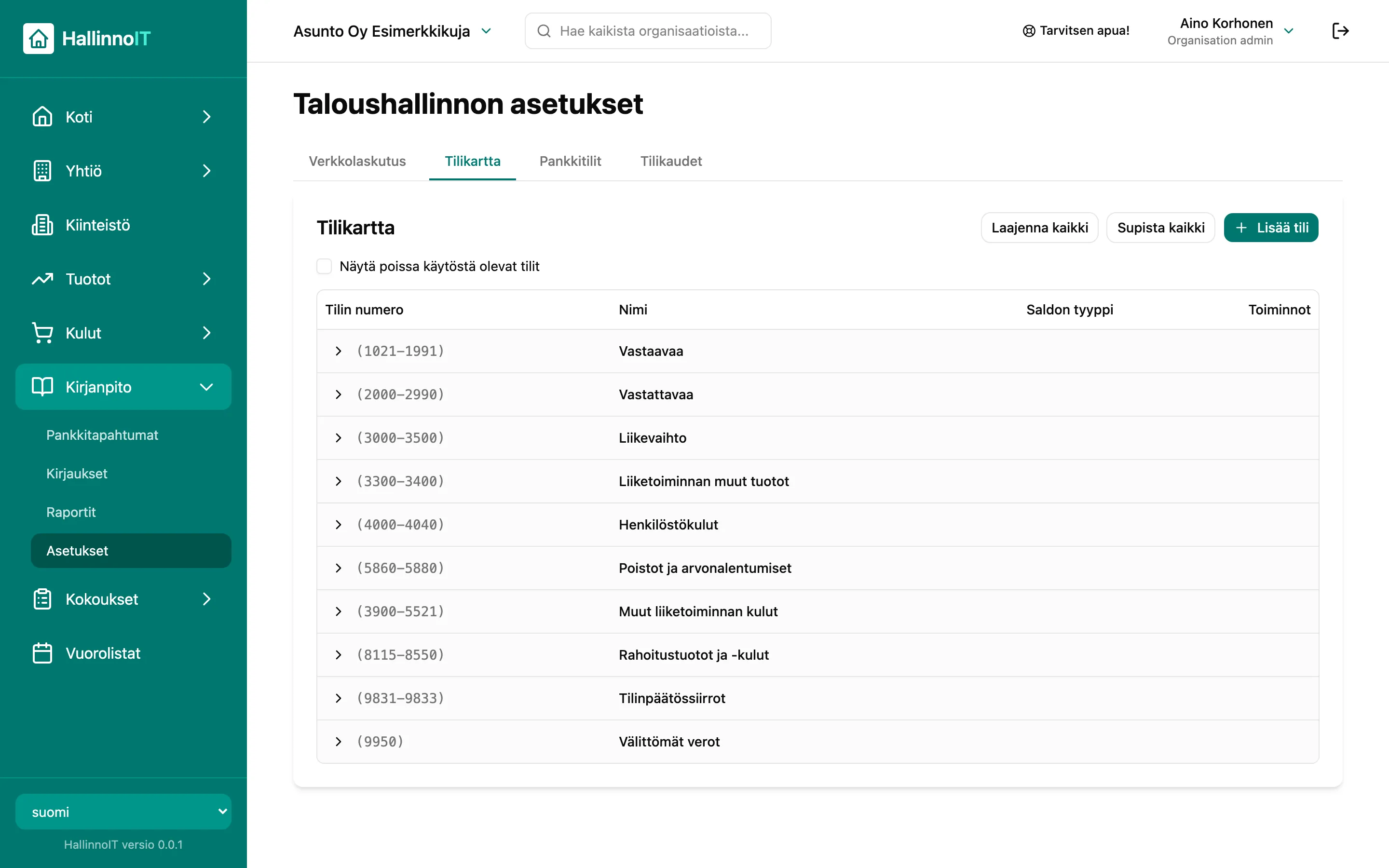 Tilikartta ryhmittäin: vastaavaa, vastattavaa, liikevaihto ja kulut