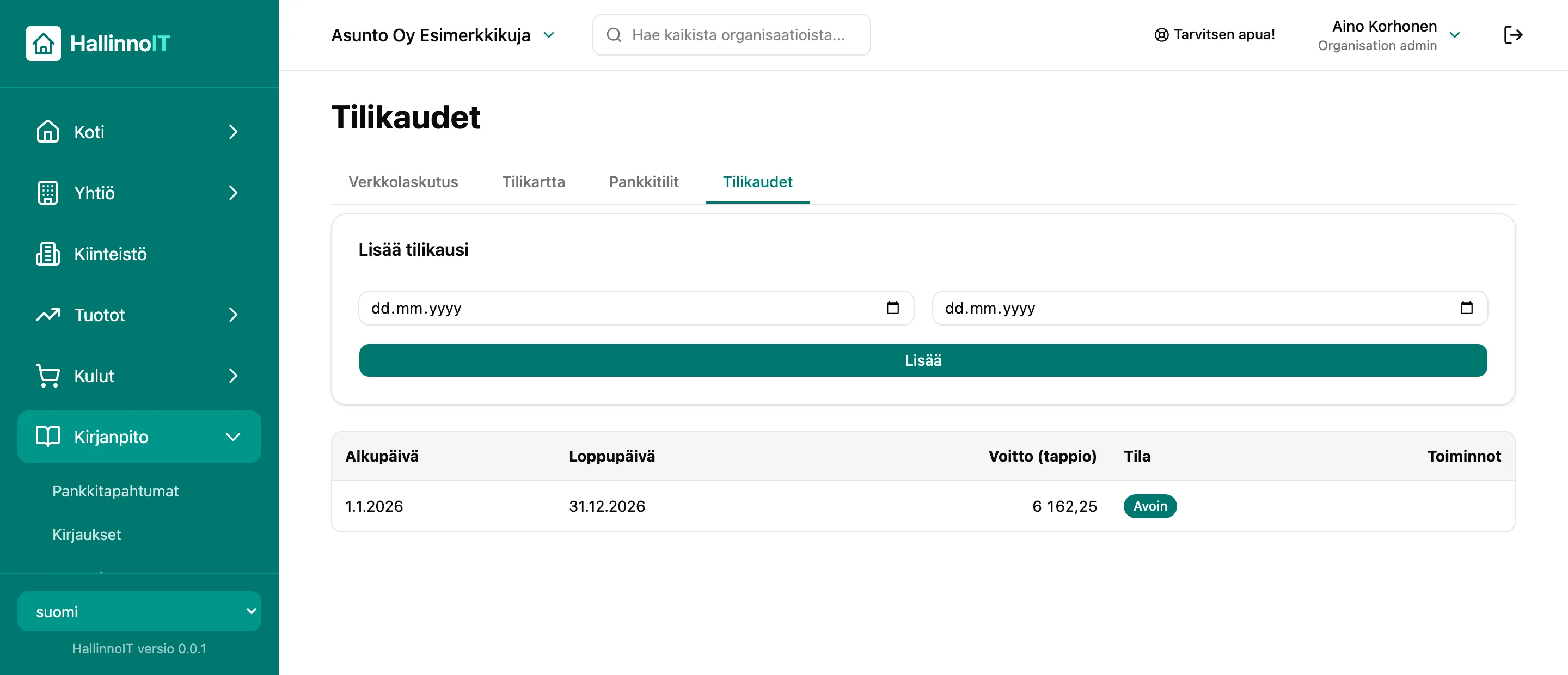 Tilikaudet-näkymä: tilikauden alku- ja loppupäivä, tulos ja tila