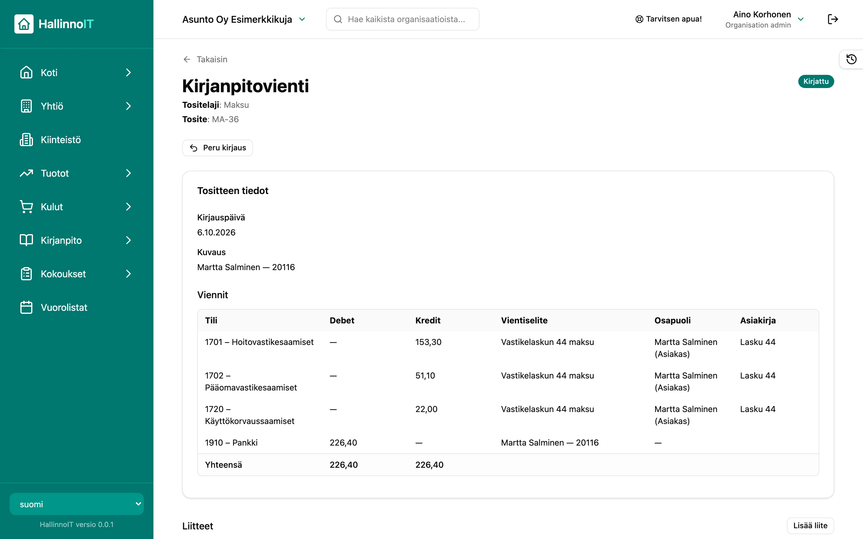 Kirjanpitovienti: maksutositteen viennit tileittäin, osapuoli ja linkki vastikelaskuun