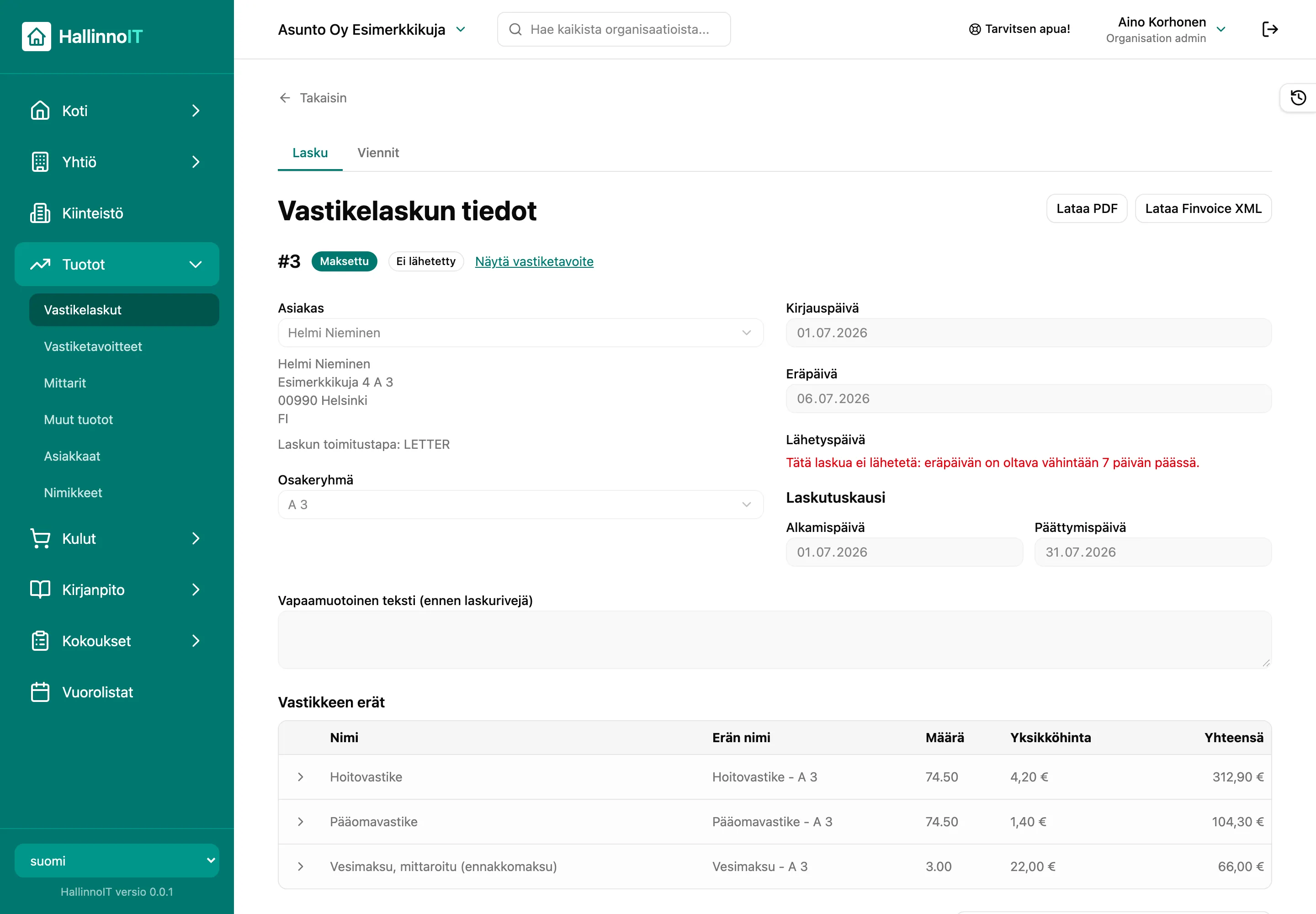 Vastikelaskun tiedot, josta laskun voi ladata PDF-tiedostona tai Finvoice XML -muodossa