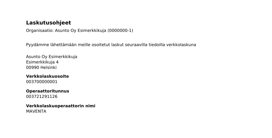 Esimerkki verkkolaskuohjeesta: yhtiön nimi, Y-tunnus, verkkolaskuosoite ja välittäjän tiedot laskuttajille